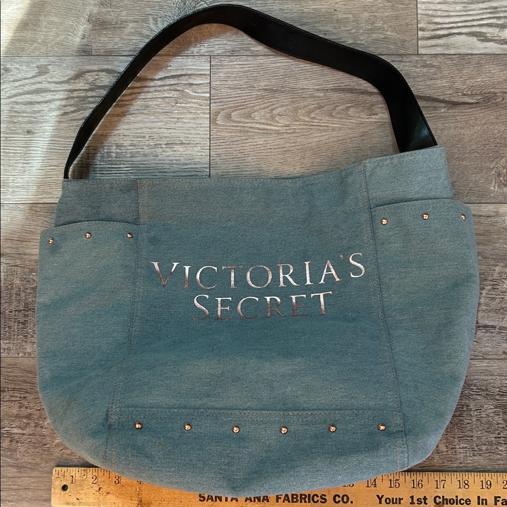 Victoria's Secret Denim Blue Tote with Black Straps